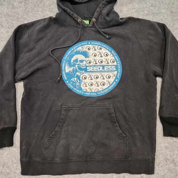VTG Y2K Seedless Clothing Mens L Large Skate Black Distressed Pullover Hoodie - Picture 3 of 16